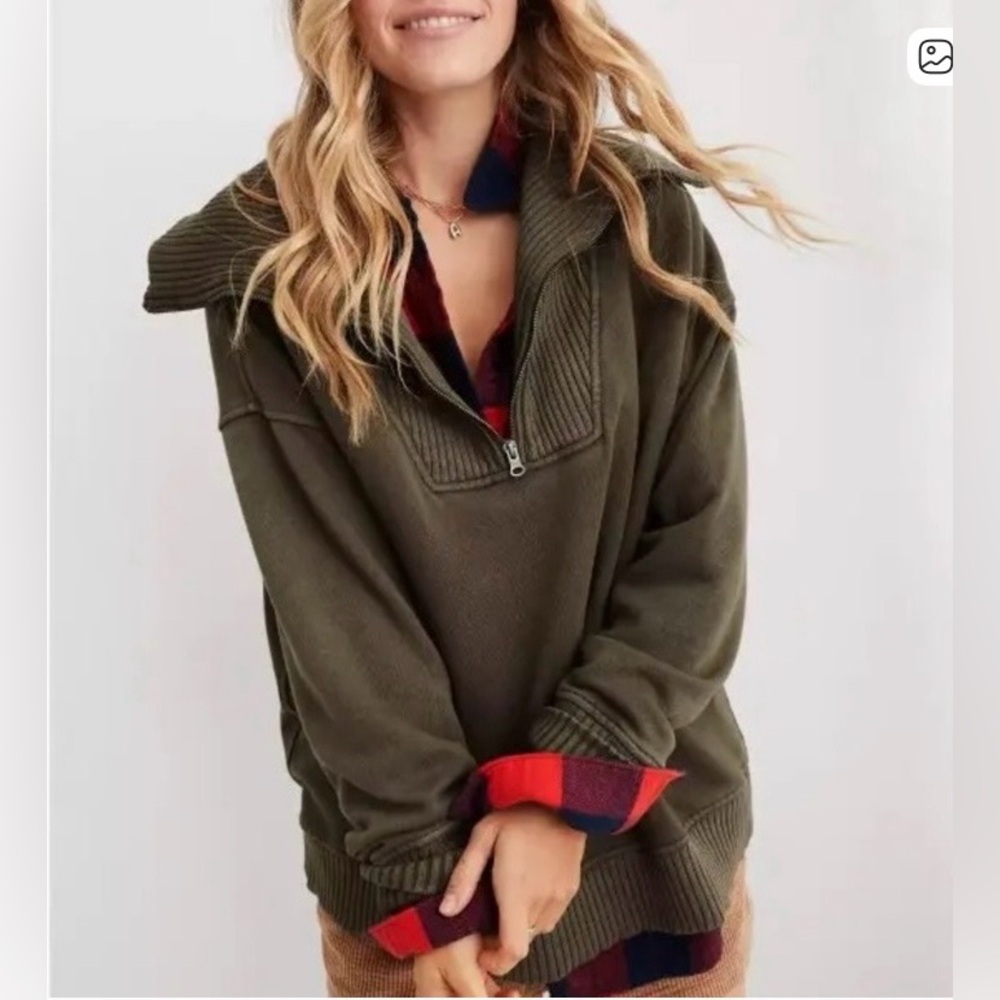 Aerie Down To Earth 1/4 Zip Olive Green Sweater Size M Oversized Comfy Lounge